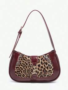 时尚女士手提包，百搭复古新月包，秋冬新款拼色豹纹单肩/腋下包，Y2K包，时尚包包 - 酒紅色 - 查看 6