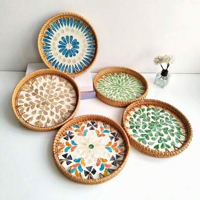 Handgewebtes Rattan Aufbewahrungstablett für den Schreibtisch, 22 cm Durchmesser x 3 cm Höhe