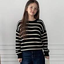 DAZY Tween Girl Oversized Crew Neck Striped Knitted Sweater, Autumn,Back To School Clothes - Black - View 6