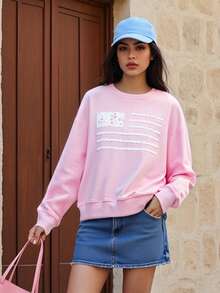 Women's Fall Loose Pullover Floral Flag Print Long Sleeve Crew Neck Sweatshirt Casual Tops - 彩色 - 查看 5