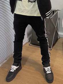 Herren Jeans mit Seitenstreifen, lässiger Stretch Slim Fit, amerikanischer Straßen-Stil Denimhose