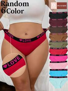 6pcs Plus Size Women Letter & Heart Printed Briefs, Sporty