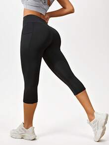SHEIN Sports Quần legging thể thao cạp rộng có túi đựng điện thoại - màu đen - Xem 3