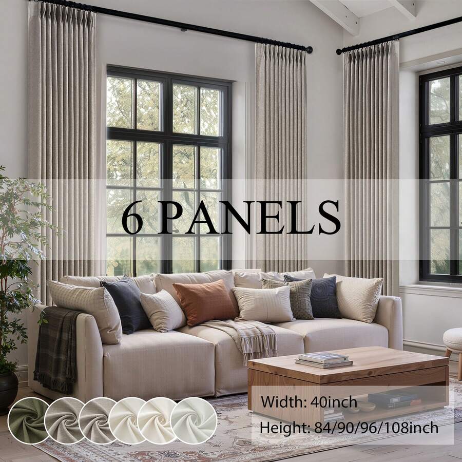 6 Panels Natural Pinch Pleated Semi-Shading Curtains Textured Linen Blended Window Curtains For Living Room Bedroom Pinch Pleat Drapes With Hooks - 深亞麻色 - 查看 1