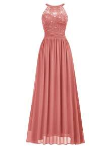 MIUSOL Elegant Women's Sequin Floral Lace Halter Neck Sleeveless Ruched Chiffon Maxi Dress, Perfect For Formal Wedding Guest, Cocktail Party, Bridesmaid, Prom - 藕粉色 - 查看 7