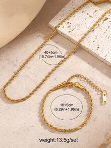 Set Kalung dan Gelang Rantai Pilin Warna Emas Anti Pudar, Tahan Air, dan Terbuat dari Baja Tahan Karat, Cocok untuk Pemakaian Sehari-hari Wanita - Yellow Gold - View 7