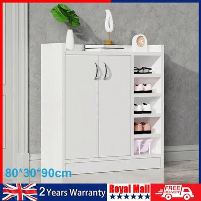 OYAJIA Shoe Storage Cabinet Two Doors With Adjustable Shelves Cupboard Footwear Rack Stand Organiser Hallway,Wood Sideboard Unit, 82.5W X 30D X 90H Cm White