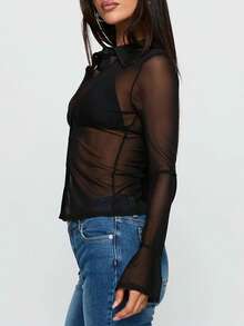 Women Sheer Long Sleeve Tops See Through Mesh Blouses  Button Down Shirts Tunic - Black - View 3