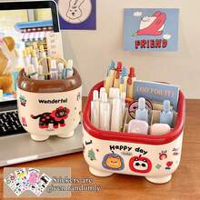 1 قطعة صندوق تخزين مكتبي ثلاثي/سداسي الأقسام لحامل الأقلام، منظم سطح المكتب لطلاب السكن الجامعي، رف تقسيم، صندوق تخزين القرطاسية (ملصقات DIY عشوائية مجانية)