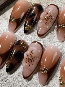 Handmade Nail Art, Maillard 3D Floral Nail Art, Amber Autumn Nail Art, Halo Nail Art, Brown Nail Art, Medium Almond French Tip Nail Art, False Nails For Women Nail Supplies Handmade Press On Nails - màu nâu - Xem 3