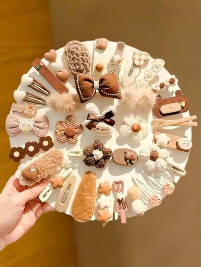 20pcs/Set Soft Plush Knitted Hair Clips Set, Featuring Plush, Knitting, Lace And Adorable Elements Like Bears And Flowers - Suitable For Girls And Women, Perfect For Creating Slouchy Ponytails, Playful Half-Updos, Or Elegant Buns, Winter, Gifts