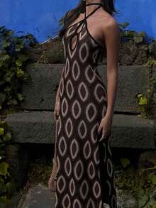 Women Boho Halter Neck Knit Dress Fashion Print Sleeveless Open Back Slim Fit Midi Dress For Daily Party Club - Mixed Colors - View 6