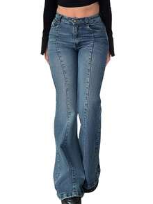 Valentine's Day Women Bootcut Jeans Flare Jeans Mid-High Waisted Stretchy Straight Leg Jeans Seamed Front Loose Denim Pants Spring Clothes - Màu xanh cổ điển - Xem 4