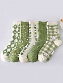 1/5 Pairs Women Ditsy Floral Argyle Pattern Jacquard Heart Textured Mid-Calf Socks, Sweet & Versatile For Daily Wear (Random Style Out Of 5 Pairs)