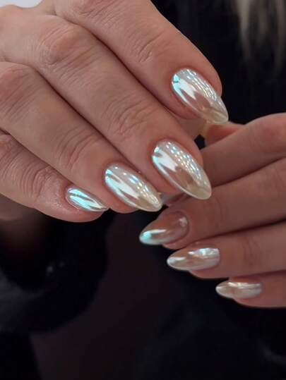 24pcs Medium Length Minimalist Transparent White Almond Shaped False Nails, Shiny Electroplated Nail Art Suitable For Daily Life, Business, Street, Music Festivals, Beach Parties And Other Occasions, Reusable Nail Tips To Make Your Fingers More Charming, Ideal Nail Decor For Spring And Summer