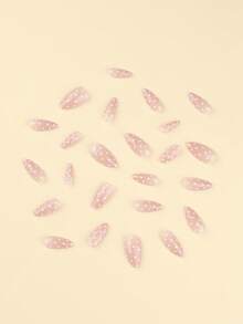 24 件指甲按压式白色波尔卡圆点假指甲短假指甲杏仁形按压式指甲美甲套装包括 1 张粘合片和 1 个迷你锉刀，非常适合日常佩戴