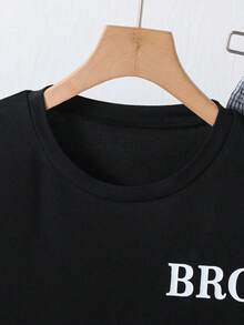 2pcs Boys Plaid Pajama Set, Round Neck Long Sleeve "BRO" Letter Print Top Paired With Plaid Print Casual Pants, Sleepwear Set, Suitable For Spring, Autumn, Winter Home Wear, Also Can Be Children's Gift - Black - View 4