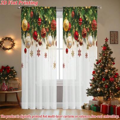 Luxury Christmas Tree Snowflake Ornaments, Christmas Flat-Printed Sheer Curtains Lightweight, Light-Filtering, Washable, Colorfast, Soft, Smooth Christmas Party Decorations For Bedrooms, Living Rooms, Dining Rooms, Offices Holiday Door & Window Decorations