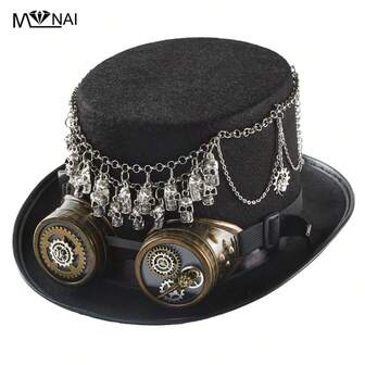 Steampunk Unisex Magic Hat, Vintage Skull Gear Chain Goggles Costume Prop Hat Halloween Costume