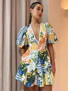 柠檬亚麻泡泡袖印花连衣裙，V领海滩系列夏季中长连衣裙 - 彩色 - 查看 3