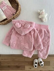 2 Stücke Baby Mädchen Plüschjacke mit Schleifen Dekor & Bärchen Ohren Hut, und Plüschhose, dick für drinnen & Outdoor, Herbst/Winter