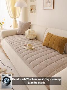 1pc Quilted Plush Sofa Cover, Solid Color Nordic Style Sofa Pad, Thick 3D Design Fluffy Sofa Slipcover For Winter, Anti-Slip Anti-Scratch Sofa Protector For Living Room Bedroom Study, Fits 1/2/3/4 Seater Sofa With Armrest & Backrest