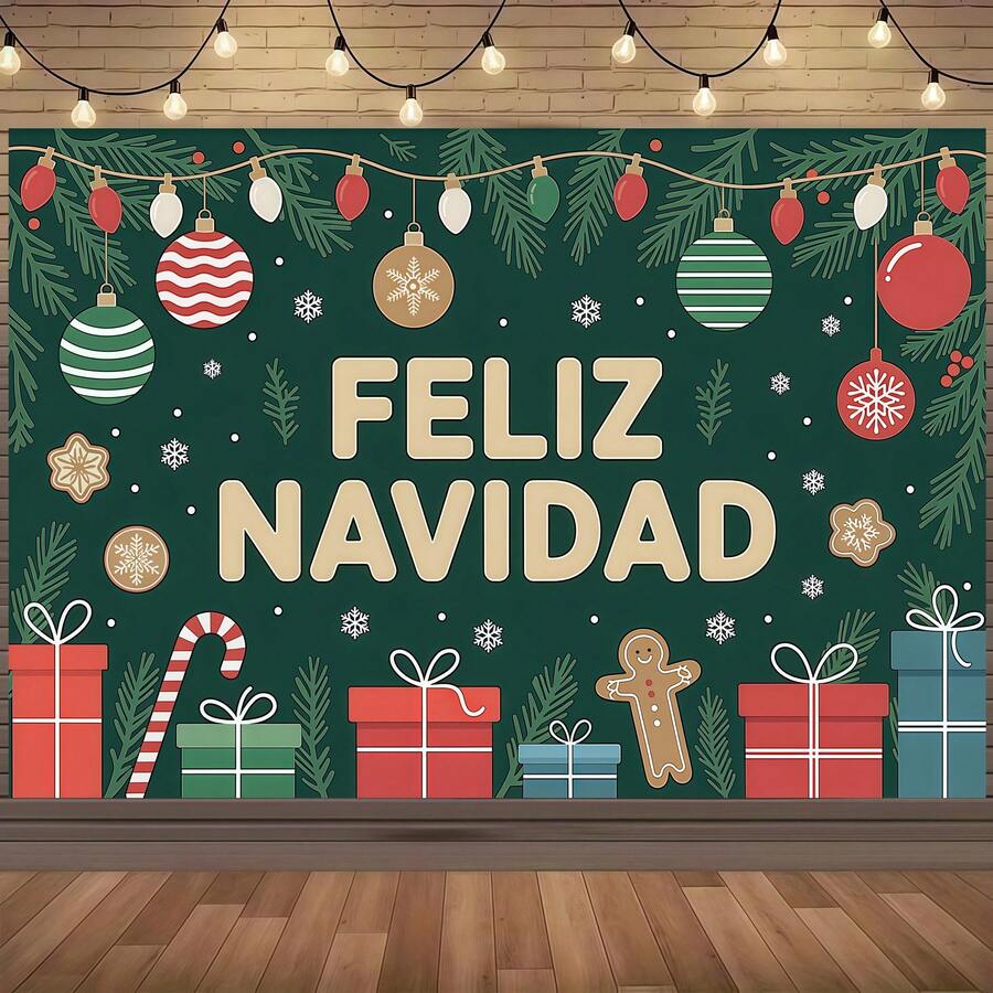 1 Spanish Christmas Banner Background Cloth, Large Party Decoration, With Gifts, Candy Canes, And Snowflake Patterns, Dark Green Background Design, Suitable For Home, Office, And School, Christmas Party Supplies, Spanish Style Merry Christmas Banner, Festival Decorations, Indoor And Outdoor Decoration.