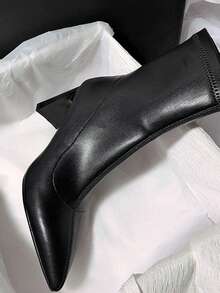 女士尖头细高跟踝靴，后拉链，英伦风时尚，踝靴和短靴，秋季，冬季，秋季，粗短筒，一脚蹬弹性靴，性感 - 黑色 - 查看 4