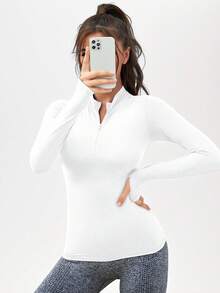 SHEIN Sports 女士纯色半拉链紧身运动卫衣 - 白色 - 查看 2