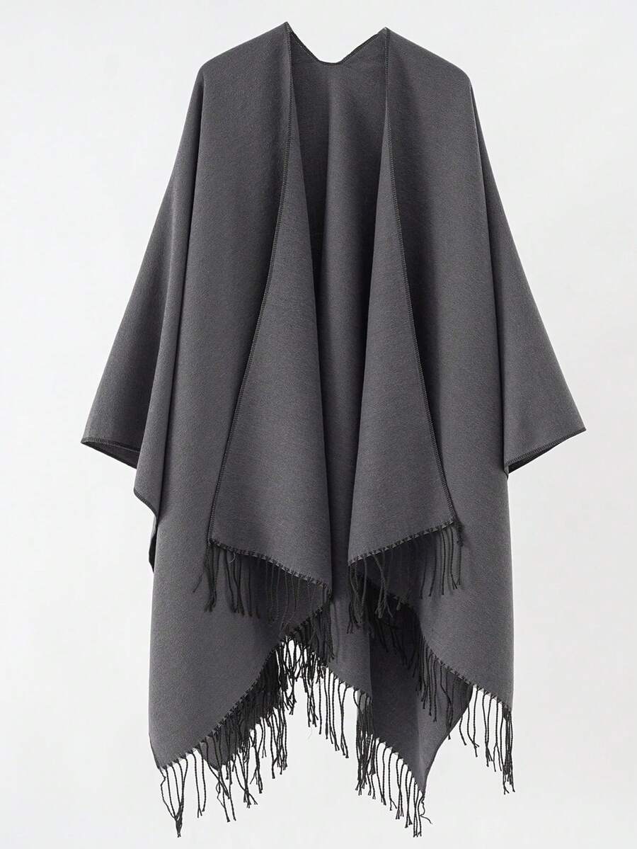 1pc Women's Solid Color Faux Cashmere Fringe Oversized Shawl Collar Open Front Warm Cloak Cape For Dress