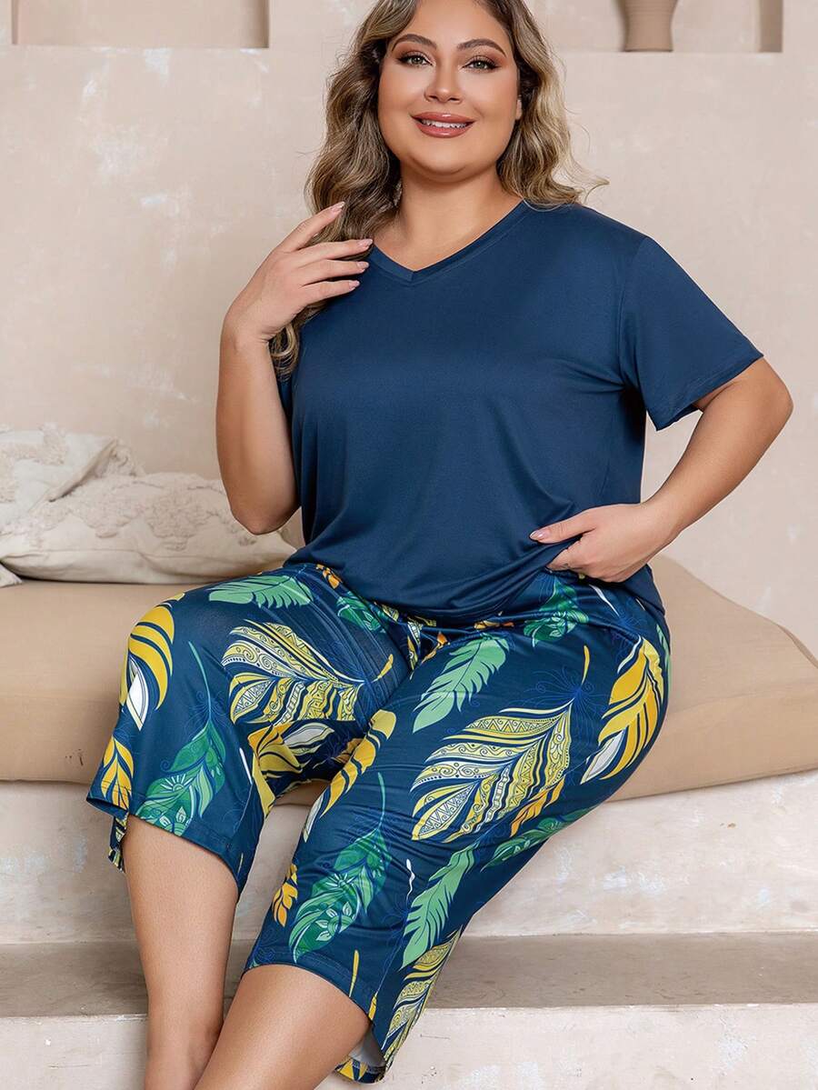 Women's Printed V-Neck Oversized Short Sleeve Pajama Set - Royal Blue - View 1