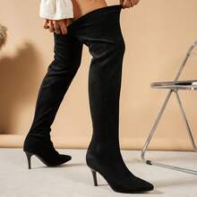 Women's Fashion Over-The-Knee Boots, Pointed Toe Suede, Slim High Heel, Synthetic Rubber Sole, Easy To Clean (Hand Wash/Dry Clean), Suitable For Daily And Formal Occasions, Business Casual, Beach, Holiday, Party, Wedding, Office Casual - Women's Over-The-Knee Elastic Boots - Black - View 14