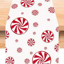 Christmas Linen Red And White Candy Cane Tablecloth, Candy Pattern Rectangular Table Runner, Seasonal Winter Christmas Holiday Farmhouse Style Dining Table Decor - Multicolor - View 6