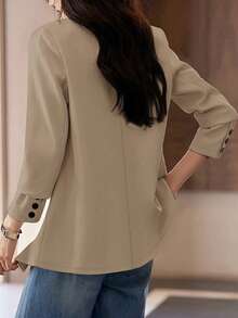 Women's Single Breasted Long Sleeve Blazer With Buttoned Cuffs - Khaki - View 2