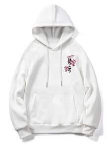 Krometka 男士秋冬黑色龙纹樱花印花连帽衫，独特日式风格 - 白色 - 查看 6