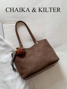 1 pezzo Borsa a spalla in tessuto scamosciato tinta unita, borsa casual retrò da donna con chiusura a scatto e cerniera, borsa a tracolla di grande capacità adatta per viaggi, shopping, appuntamenti, regalo da donna, adatta per ragazze adolescenti, studenti universitari e lavoratori d'ufficio, ideale per ufficio, scuola, lavoro, pendolarismo, attività all'aperto, viaggi, picnic (venduta con ciondolo)