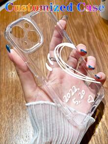 2pcs Customized Couple/Couples/Spouse/Best Friend Anniversary Text & Heart Design Soft Phone Case Cover Compatible With Iphone 11/12/13/14/15 Pro Max - Clear - View 3