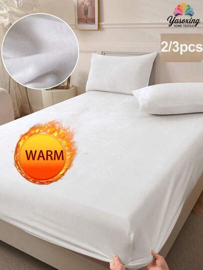 2/3 件白色天鹅绒床笠套装温暖柔软纯色毛绒床笠套装特大号双人床尺寸，奢华超柔软舒适床单，带 11.8 英寸深口袋，适合秋冬和春季 1 件床笠 + 1/2 件枕套宿舍床上用品返校床上用品