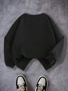 Teen Boy Clothes Street Fashion Statue Pattern Print Oversized Loose Long-Sleeved Round-Neck Sweatshirt - Black - View 3