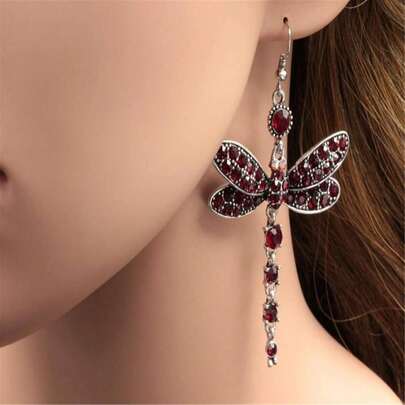 1Pairs Vintage Retro Dragonfly Crystal Beads Dangle Drop Statement Earrings For Women Mother Lover Gift Exaggerated Rhinestone Animal Earring Friendship Jewelry(Red)