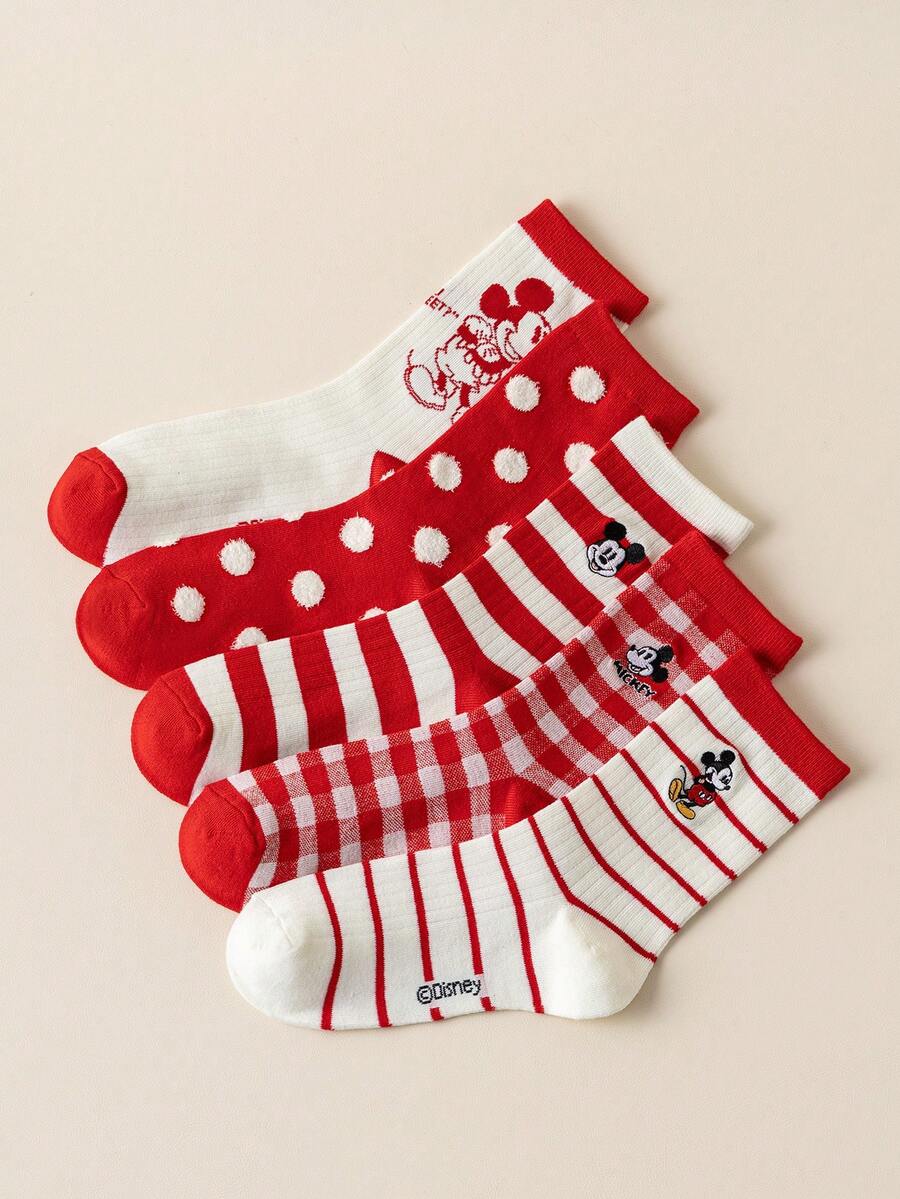 5双装正品迪士尼女士袜子，米奇刺绣红色新年礼物袜，卡通圣诞刺绣袜，新年动画袜，男女通用卡通英雄袜，创意趣味迪士尼袜子 - 彩色 - 查看 1