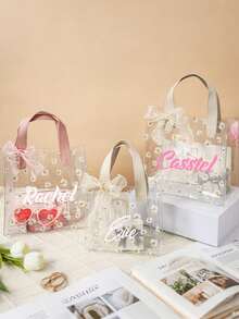 1个个性化新娘礼品袋，可印制名字，定制雏菊新娘袋，透明花朵新娘袋配丝带，伴娘礼物 - 彩色 - 查看 5