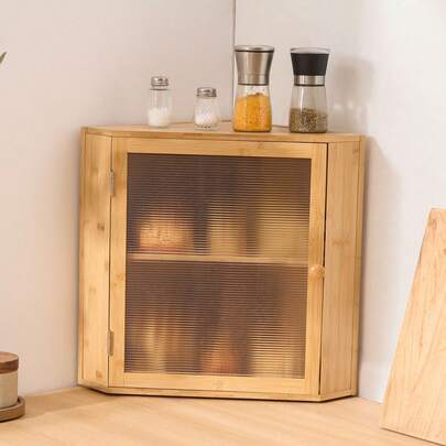 Corner Bread Box For Kitchen Counter, Double Layer Large Capacity Bamboo Bread Storage Container, Farmhouse Wooden Breadbox For Homemade Bread, Storage Holder Bin With Acrylic Wavy Door, Natural