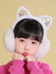 1 件儿童可爱小猫耳套 - 温暖厚毛绒冬季耳套 - 可折叠舒适设计可爱小猫成人耳套冬季保暖内衬可折叠仿兔毛加厚学生耳套保暖耳套