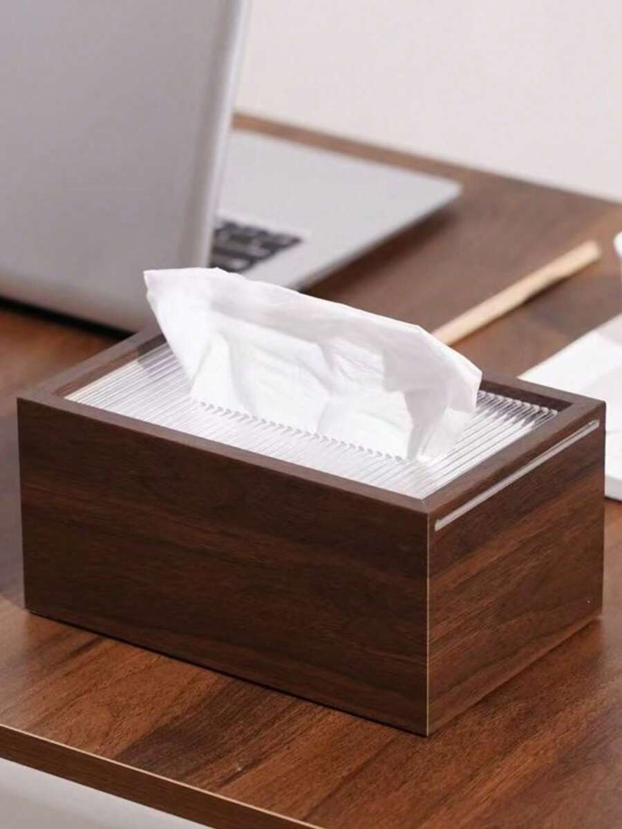 1pc Chinese Style Wooden Paper Towel Holder, Desk Tissue Box With Acrylic Cover, Striped Pattern, Suitable For Bathroom, Office, Bedside, Home And Dining Room