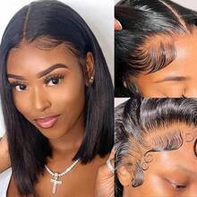 Bone Straight 200% Density Easy To Wear 4x4 5x5 Pre Cut Glueless Lace Closure Wig 13x4 13x6 HD Lace Front Wig Pre Plucked Short Bob Straight Hair Heat Resistant Synthetic Mixed Human Blended Hair Natural Black Pre-Cut Lace Is Available For 4*4 5*5 - Natural & Black - View 9