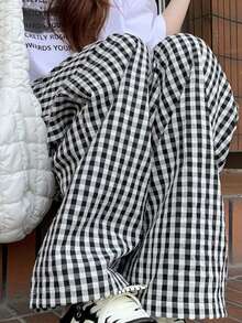 Plaid Clash Drapeado Mujeres Verano de talle alto de pierna recta Arrastre Pantalones Pantalones Largos Pantalones casuales de corte recto y corte holgado con rayas de colores lisos Pantalones de Mujer - Negro - Ver 10