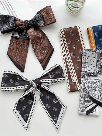 6 件佩斯利印花真丝发巾套装 - 女士多功能头带、颈巾、发带，秋季发饰，女士头巾豹纹吸汗带，秋季发带，冬季发带，适合度假装女士