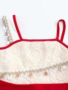 Girls' Princess With Accessories - Red Sleeveless Dress With Lace Detail, Sequined Hem, And Matching Hat For Halloween Or Dress-Up, Ensemble|Lace Detailing|Decorative Hat|Delicate Detailing, Halloween Costumes For Girls - 紅色 - 查看 3