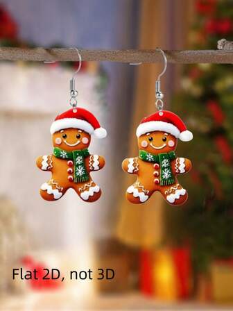 2D Cute Christmas Gingerbread Man Pendant Earrings, Flat Acrylic Double-Sided Printed Accessory, Elegant Women's Fashion Creative Gift, Adorable Aesthetic Item, Suitable For Halloween, Christmas, Thanksgiving, Daily And Party Wear, All Season